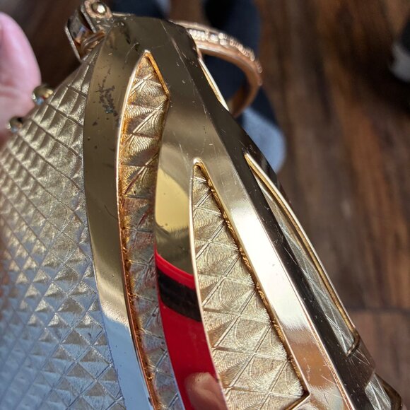 Vintage Sasha Gold Metal Box Clutch / Minaudière Top Handle Rhinestone Heart Y2K - Picture 7 of 10